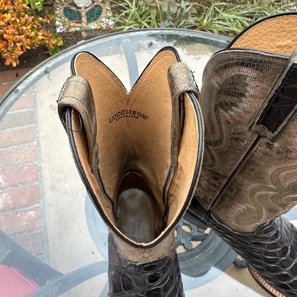 Lucchese alligator print Black and Brown Cowboy Boots with Decorative Stitching - Picture 2 of 11